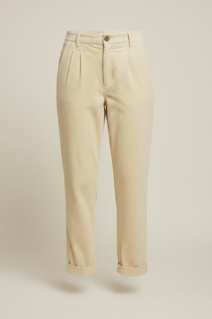 Pantalon Chino Velours Côtelé Écru Droit Décontracté Femme - Beige Cordé - vue 3