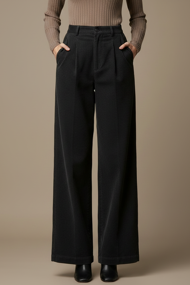 Pantalon Chino Velours Côtelé Noir Ample Femme - Cordé - vue 3