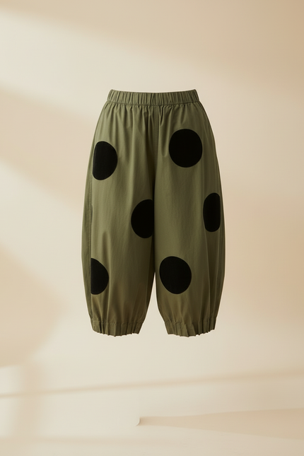 Pantalon Chino Vert Militaire Ample Pois Noirs - Kaki Toile - vue 3