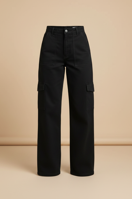 Pantalon Chino Noir Ample Cargo Décontracté Femme - Gabardine - vue 3