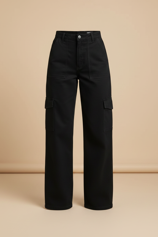 Pantalon Chino Noir Ample Cargo Décontracté Femme - Gabardine - vue 3