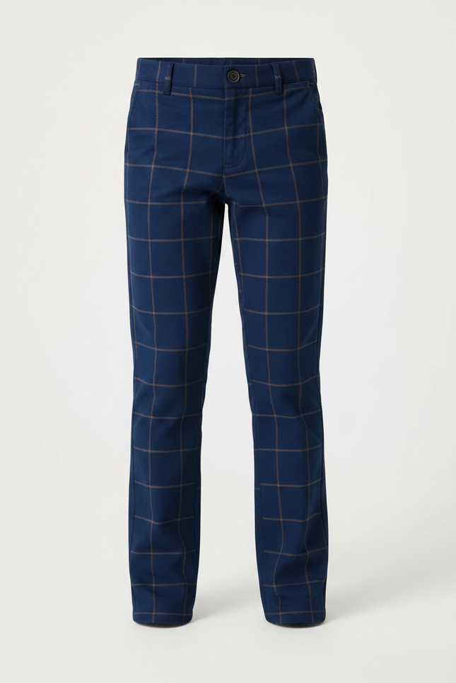 Pantalon Chino Bleu Marine Carreaux Marron Slim Garçon - Gabardine - vue 3