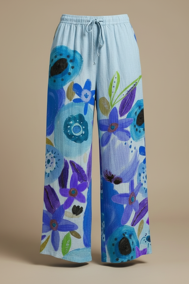 Pantalon Chino Large Imprimé Floral Bleu Bohème Femme - Lin - vue 3