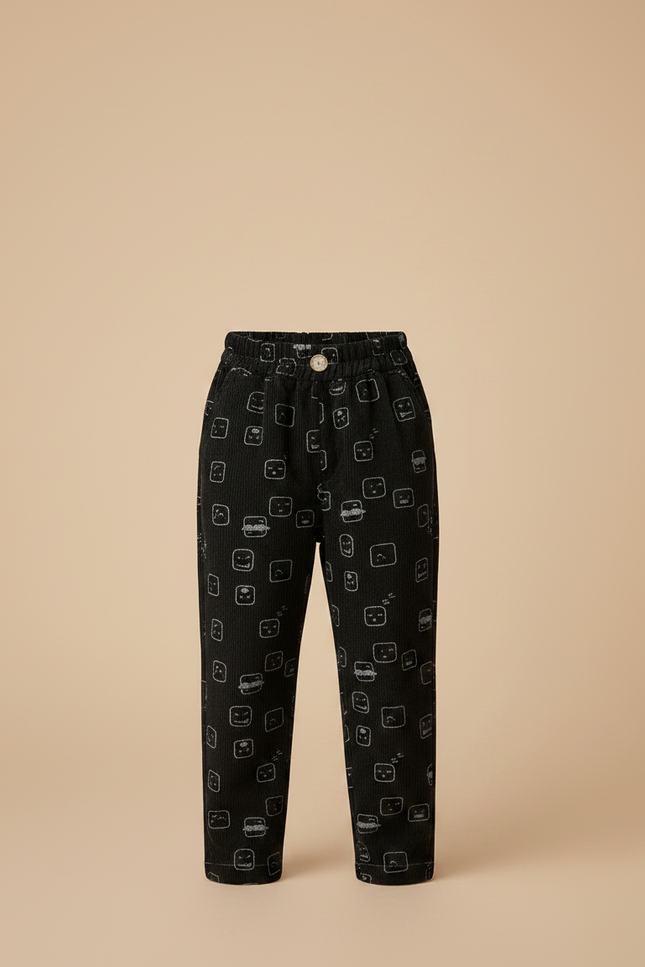 Pantalon Chino Noir Côtelé Imprimé Émojis Ample Enfant - Cordé - vue 3