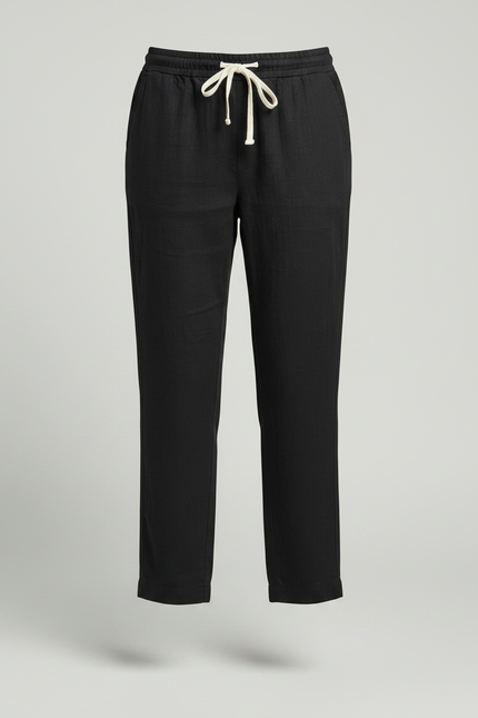 Pantalon Chino Noir Lin Ample Cordon Décontracté - vue 3