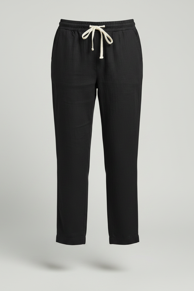 Pantalon Chino Noir Lin Ample Cordon Décontracté - vue 3