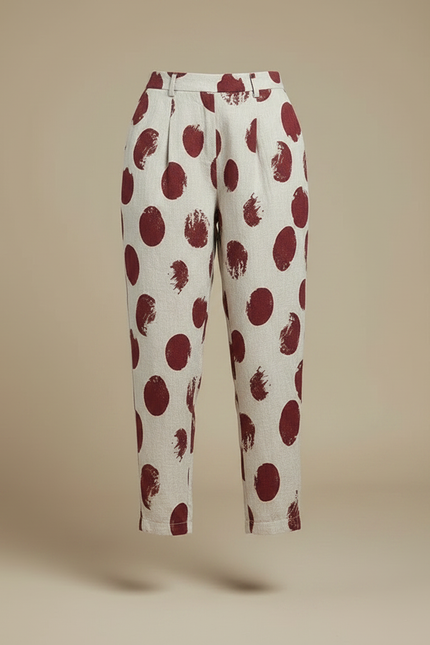 Pantalon Chino Lin Ample Imprimé Pois Rouge Fluide - Bordeaux - vue 3