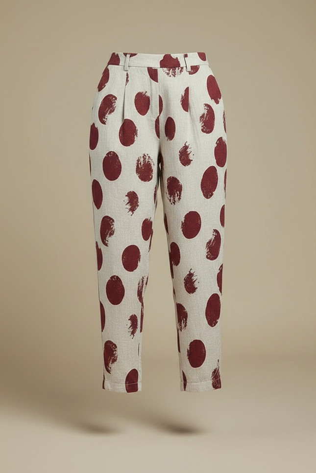 Pantalon Chino Lin Ample Imprimé Pois Rouge Fluide - Bordeaux - vue 3
