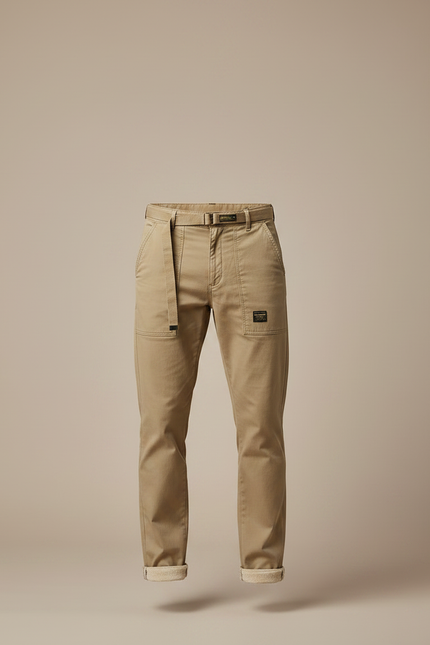 Pantalon Chino Homme Beige Coton Décontracté Ceinturé - vue 3