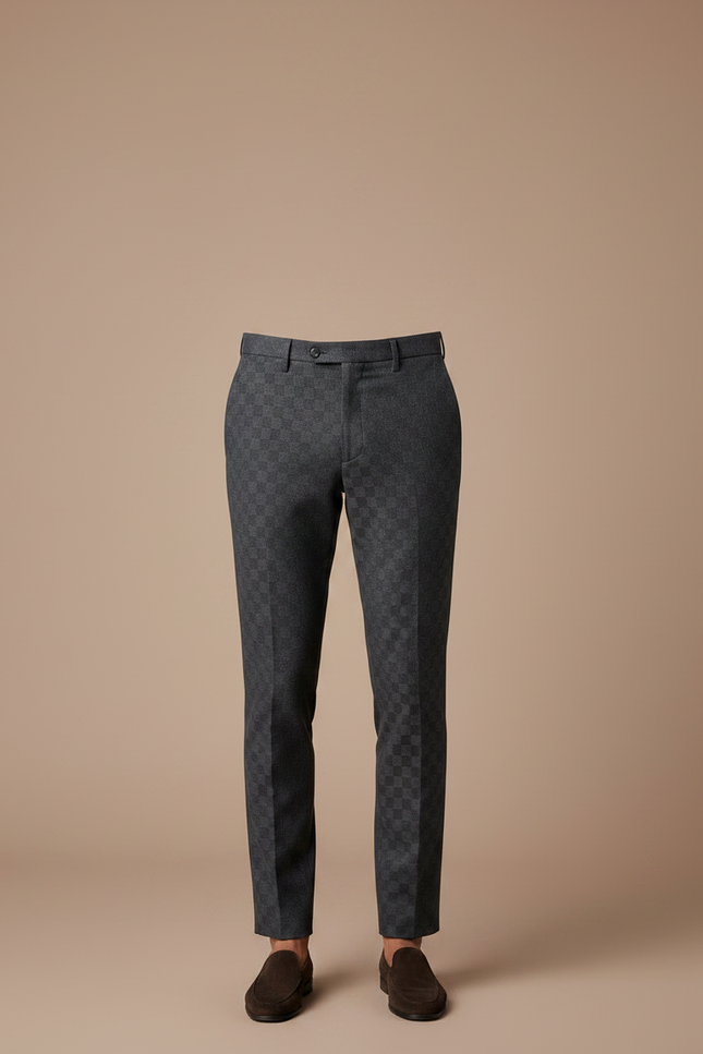 Pantalon Chino Gris Carreaux Élégant Slim Homme - Laine - vue 3