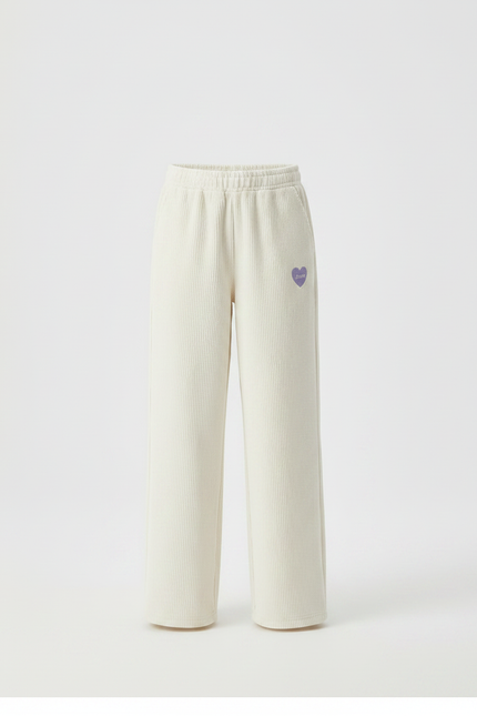 Pantalon Chino Crème Côtelé Ample Brodé Cœur Fille - Beige Cordé - vue 3