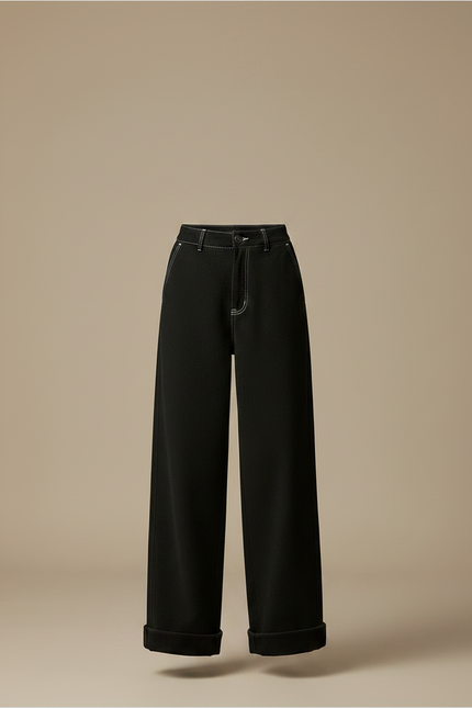 Pantalon Chino Noir Ample Épais Côtelé Femme - Cordé - vue 3