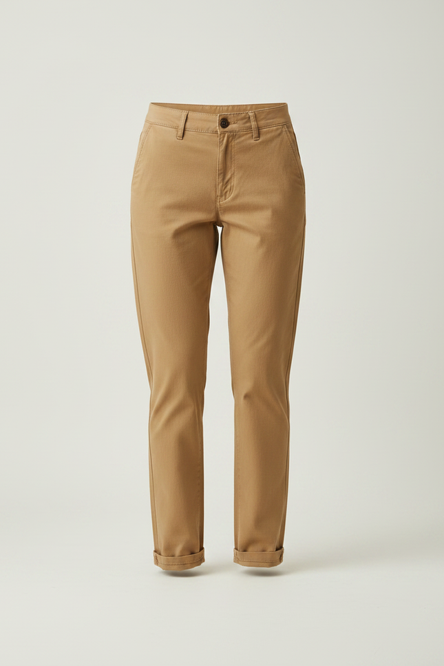 Pantalon Chino Camel Coton Sergé Décontracté Fuselé Femme - vue 3