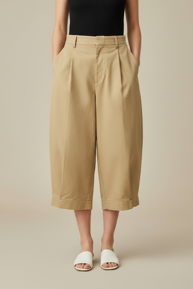 Pantalon Chino Kaki Ample Coton Plissé Décontracté Femme - vue 3