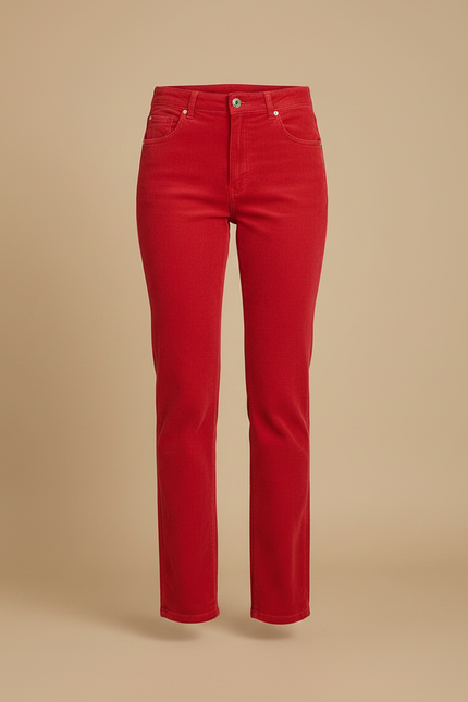 Pantalon Chino Rouge Côtelé Droit Taille Haute Femme - Cordé - vue 3