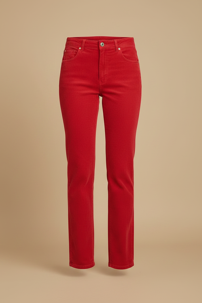 Pantalon Chino Rouge Côtelé Droit Taille Haute Femme - Cordé - vue 3