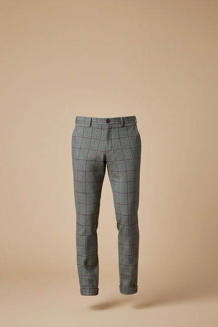 Pantalon Chino Gris Carreaux Laine Élégant Slim - Tweed - vue 3