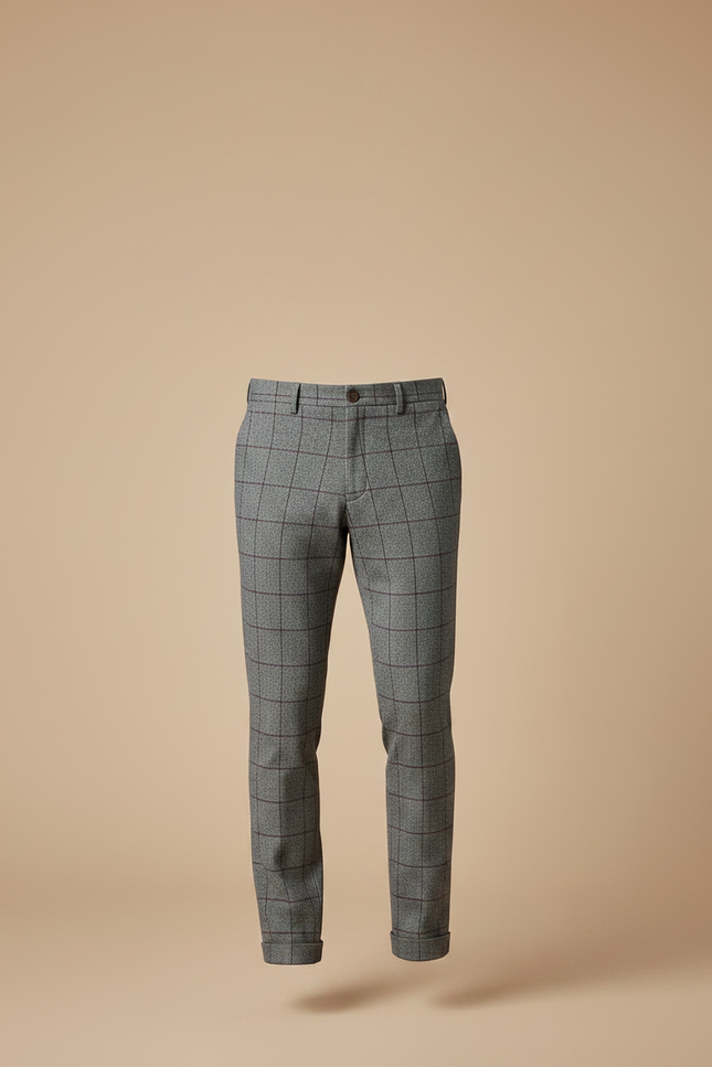 Pantalon Chino Gris Carreaux Laine Élégant Slim - Tweed - vue 3