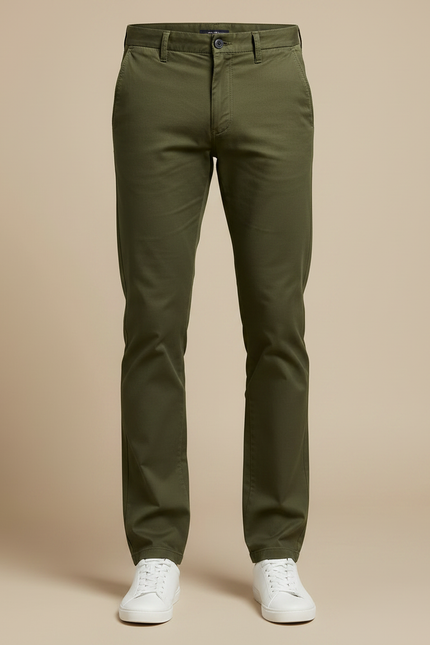 Pantalon Chino Vert Olive Coton Slim Homme Décontracté - Kaki - vue 3