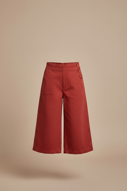 Pantalon Chino Rouge Brique Coton Large Fille Boutons - vue 3