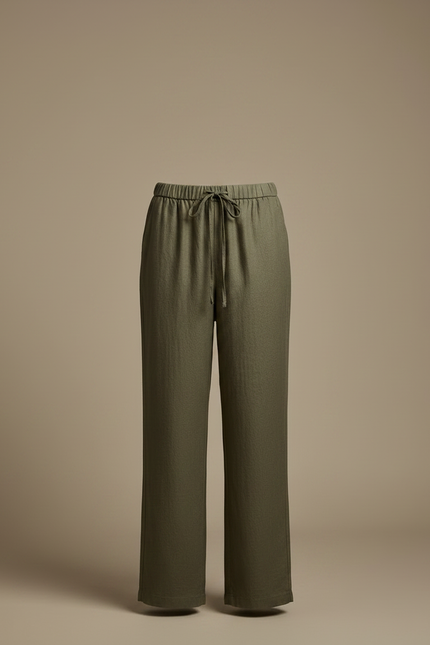 Pantalon Chino Vert Kaki Ample Lin Décontracté Femme - vue 3