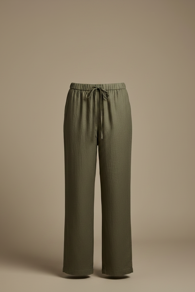 Pantalon Chino Vert Kaki Ample Lin Décontracté Femme - vue 3