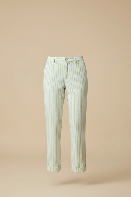 Pantalon Chino Rayé Vert Coton Droit Décontracté - vue 3