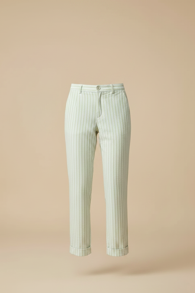Pantalon Chino Rayé Vert Coton Droit Décontracté - vue 3