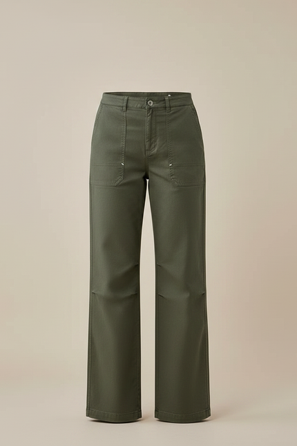 Pantalon Chino Vert Olive Ample Décontracté Femme - Kaki Gabardine - vue 3