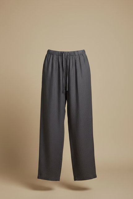 Pantalon Chino Gris Ample Cordon Décontracté Femme - Lin - vue 3