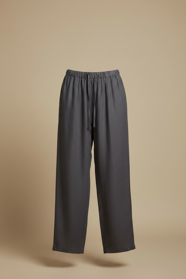 Pantalon Chino Gris Ample Cordon Décontracté Femme - Lin - vue 3