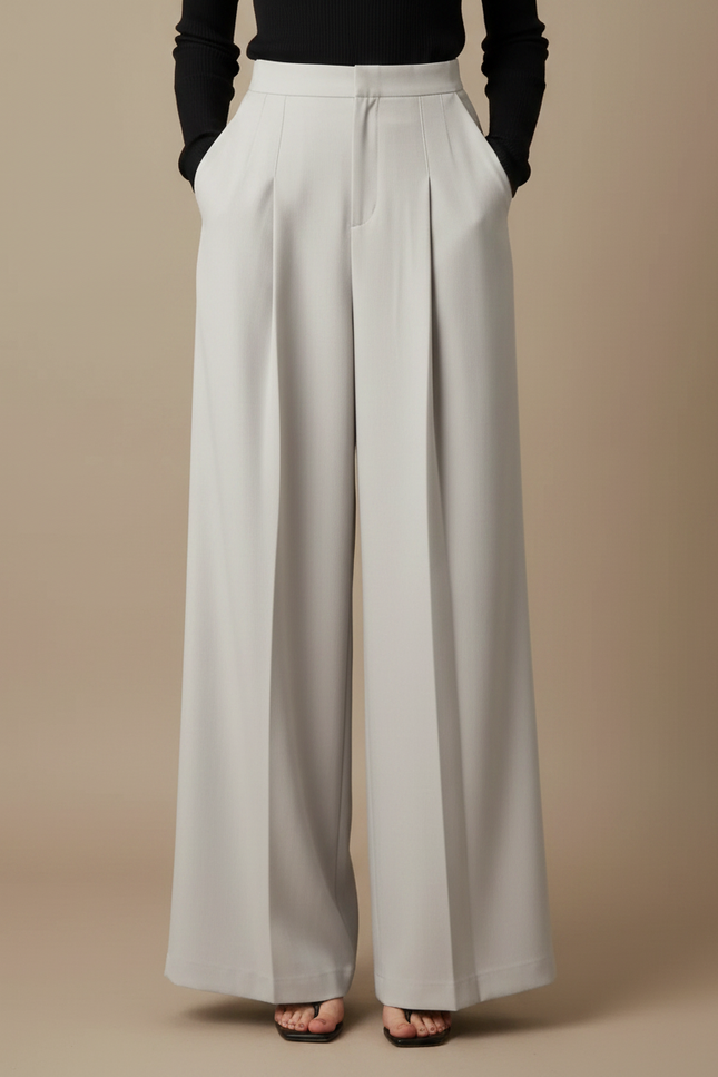 Pantalon Chino Gris Clair Plissé Ample Élégant Femme - Gabardine - vue 3