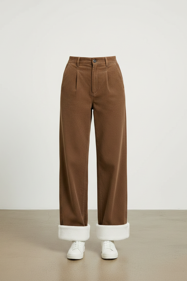 Pantalon Chino Marron Ample Côtelé Doublé Polaire Femme - Cordé - vue 3