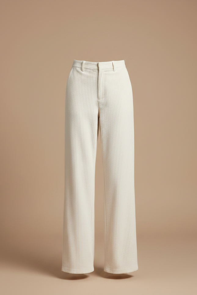 Pantalon Chino Crème Côtelé Ample Décontracté Femme - Beige Cordé - vue 3