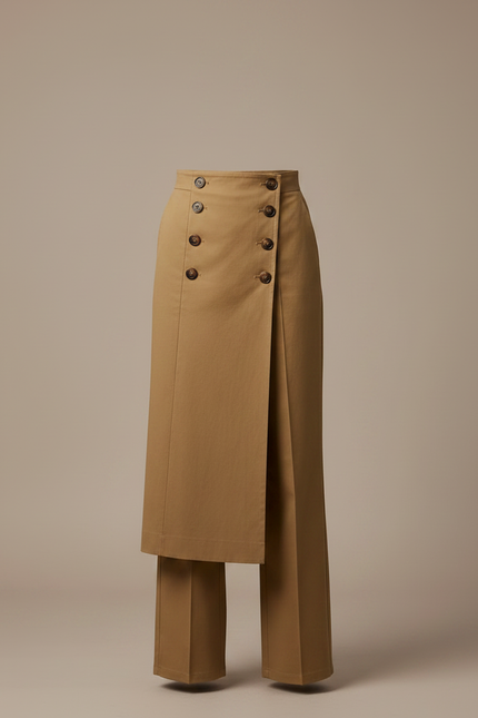 Pantalon Chino Kaki Boutons Jupe-Culotte Fluide Élégant - Gabardine - vue 3