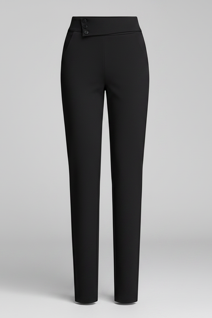 Pantalon Chino Noir Taille Haute Boutons Élégant Femme - Gabardine - vue 3