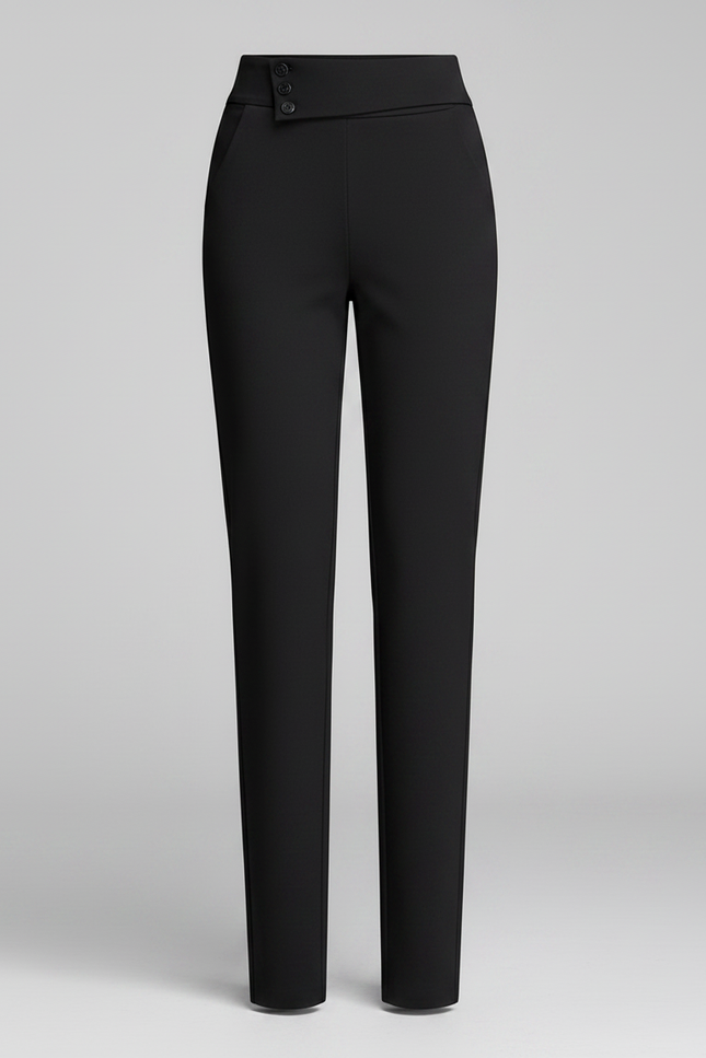 Pantalon Chino Noir Taille Haute Boutons Élégant Femme - Gabardine - vue 3