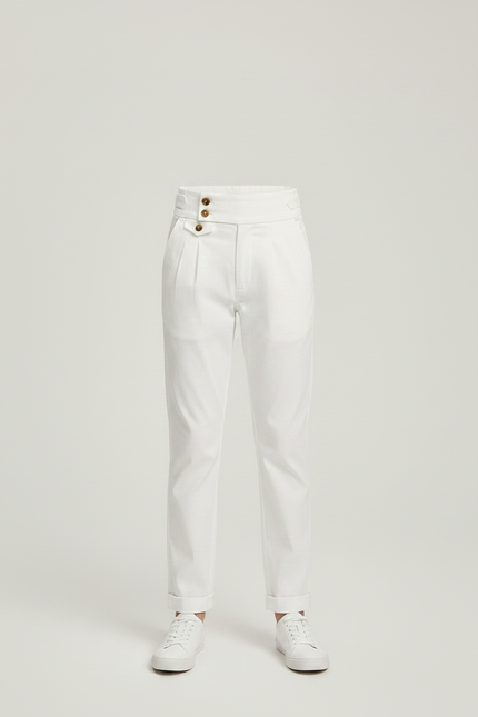 Pantalon Chino Blanc Taille Haute Boutons Dorés Élégant - Gabardine - vue 3