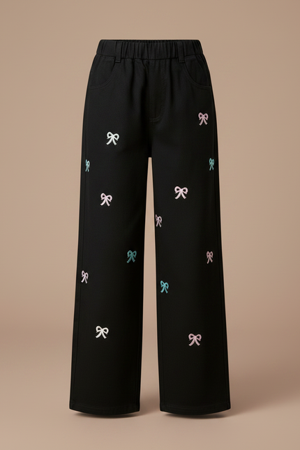 Pantalon Chino Noir Ample Broderies Nœuds Fille - Coton - vue 3