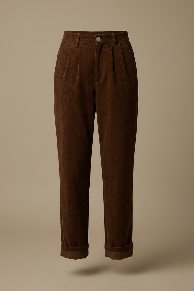 Pantalon Chino Marron Côtelé Ample Taille Haute Femme - Cordé - vue 3