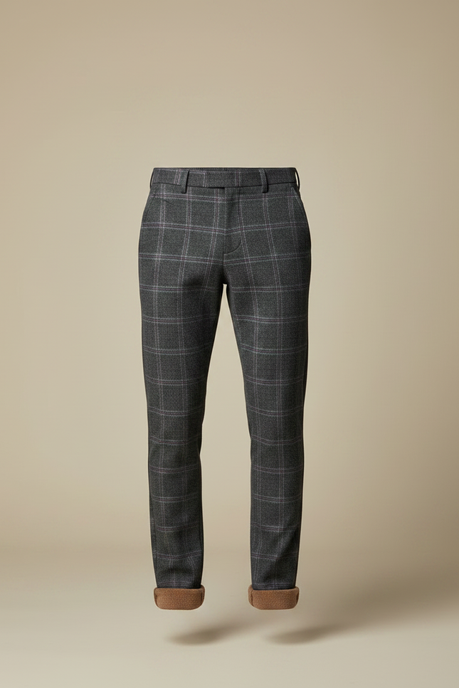 Pantalon Chino Homme Gris Carreaux Slim Doublé Polaire - Laine - vue 3