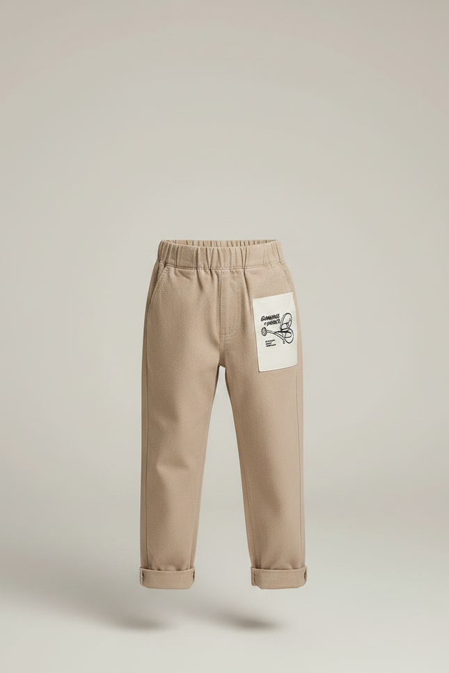 Pantalon Chino Beige Ample Coton Enfant Décontracté Patch - Gabardine - vue 3