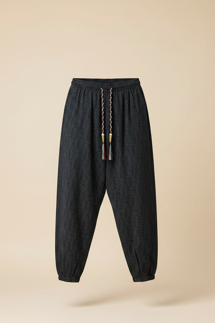 Pantalon Chino Noir Ample Ethnique Motif Géométrique - Molleton - vue 3