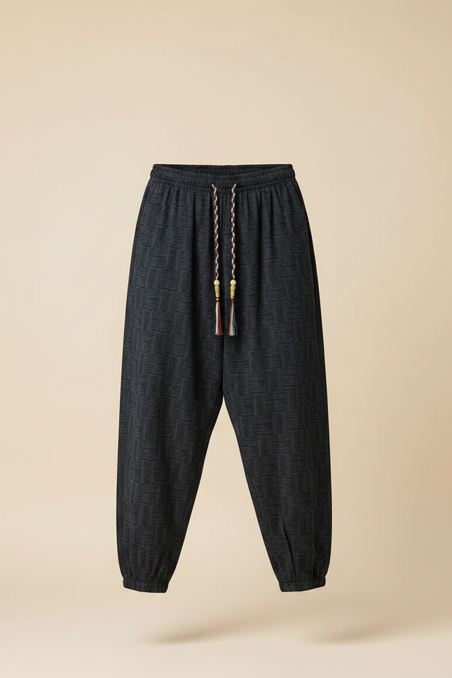 Pantalon Chino Noir Ample Ethnique Motif Géométrique - Molleton - vue 3