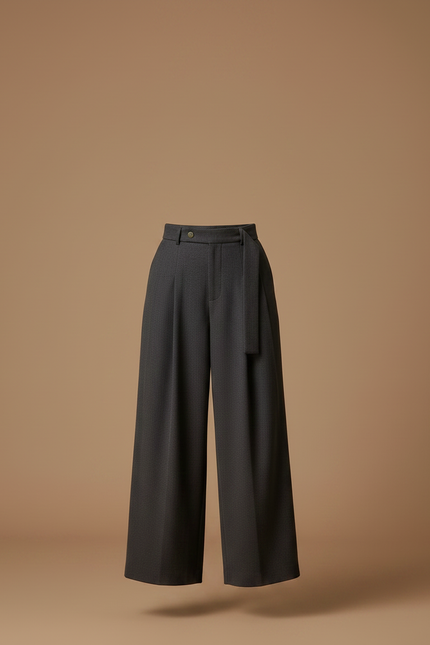 Pantalon Chino Gris Laine Ample Taille Haute Élégant - vue 3