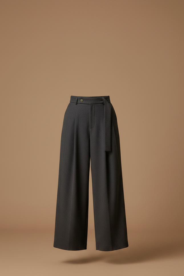 Pantalon Chino Gris Laine Ample Taille Haute Élégant - vue 3
