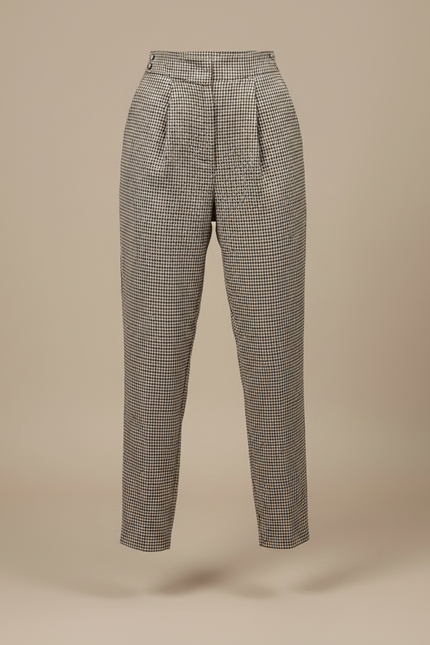 Pantalon Chino Carreaux Plissé Taille Haute Vintage - Beige Laine - vue 3