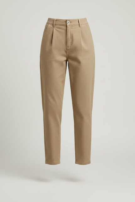 Pantalon Chino Beige Plissé Taille Haute Femme Décontracté - Gabardine - vue 3