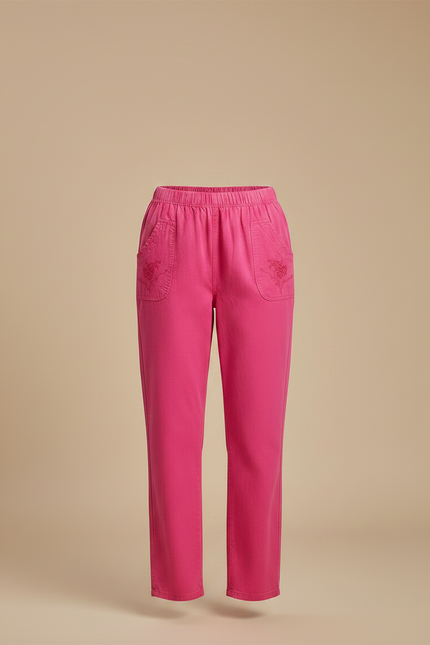 Pantalon Chino Rose Brodé Coton Ample Décontracté Femme - vue 3