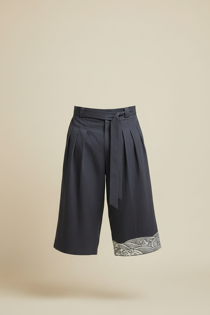 Pantalon Chino Gris Ample Coton Imprimé Vague Japonais - vue 3